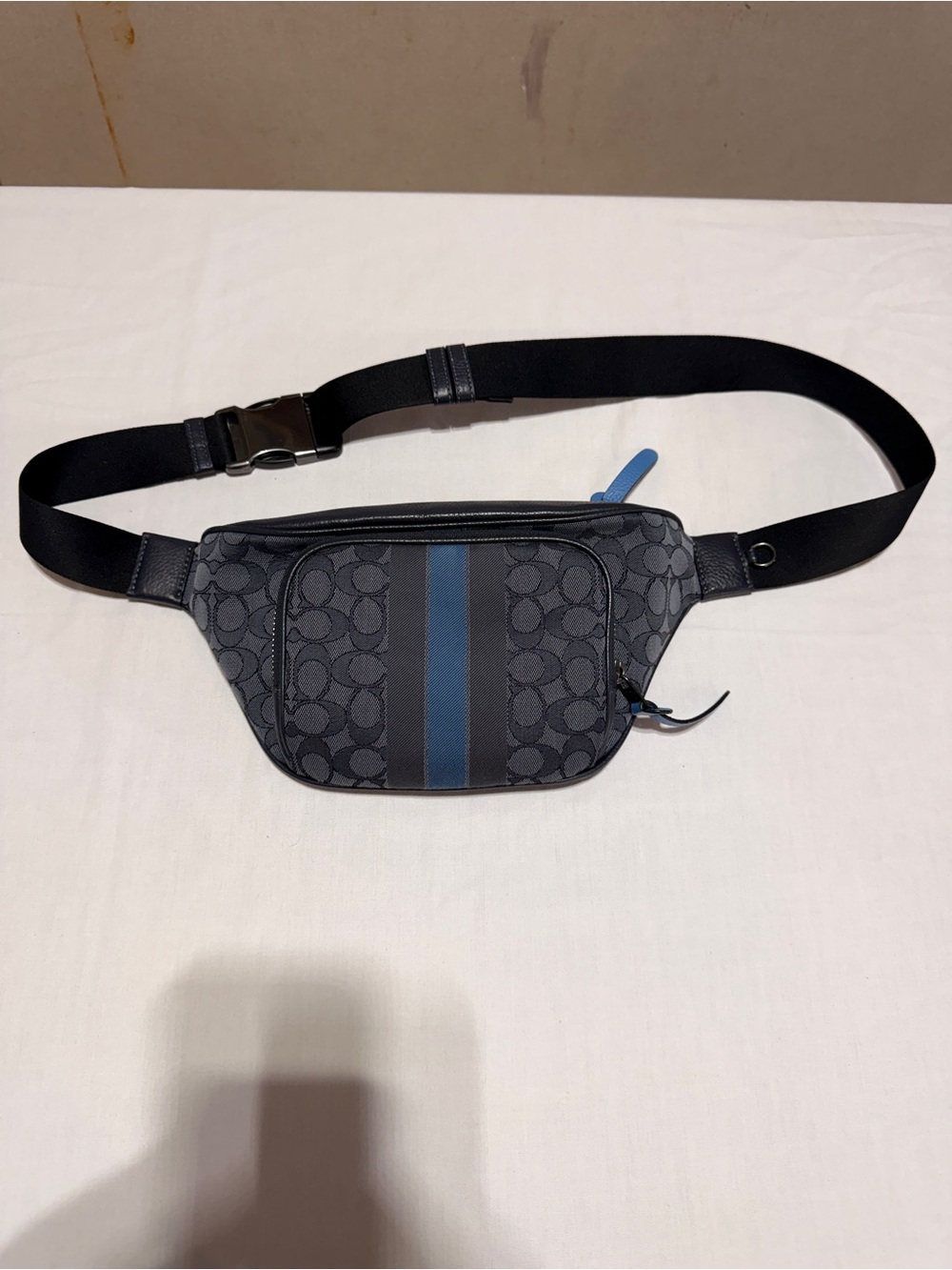 Coach Men’s Charcoal Signature Belt Bag with Blue Center Stripe